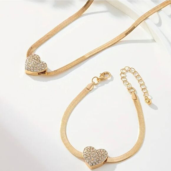 Heart Diamond Inlaid Snake Chain Necklace & Bracelet - Picture 5 of 7